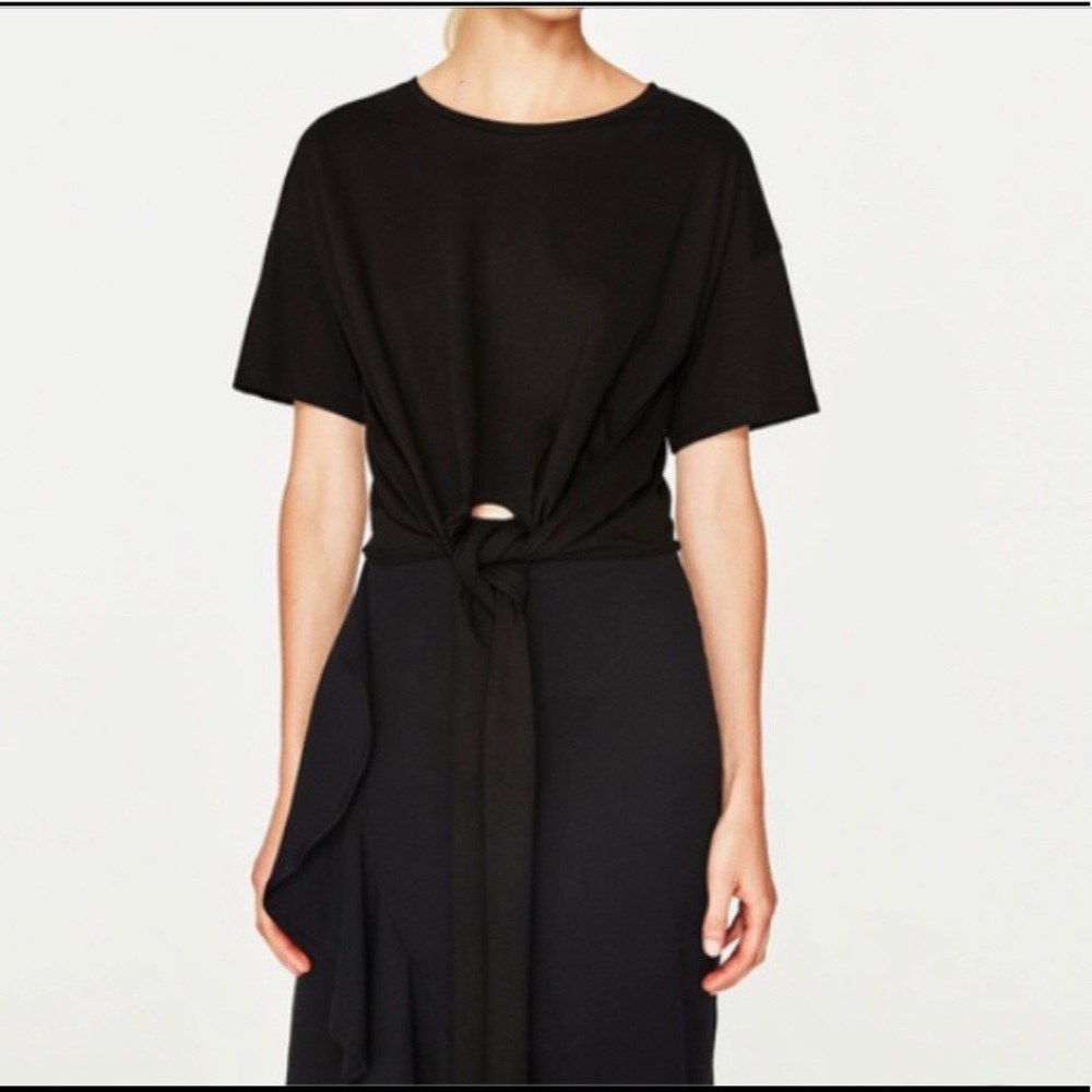 Zara Front Tie Black Crop T Shirt